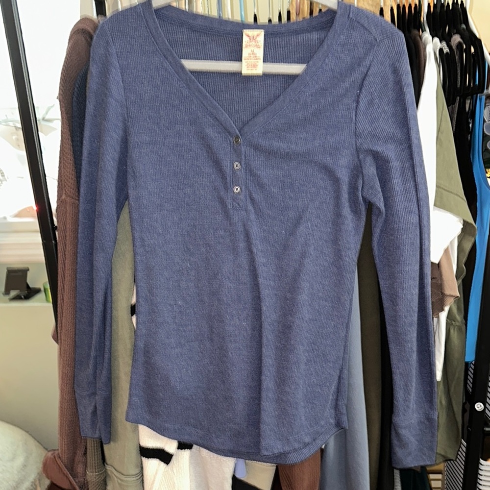 Faded Glory Gray Blue Long Sleeve Fitted Button Down